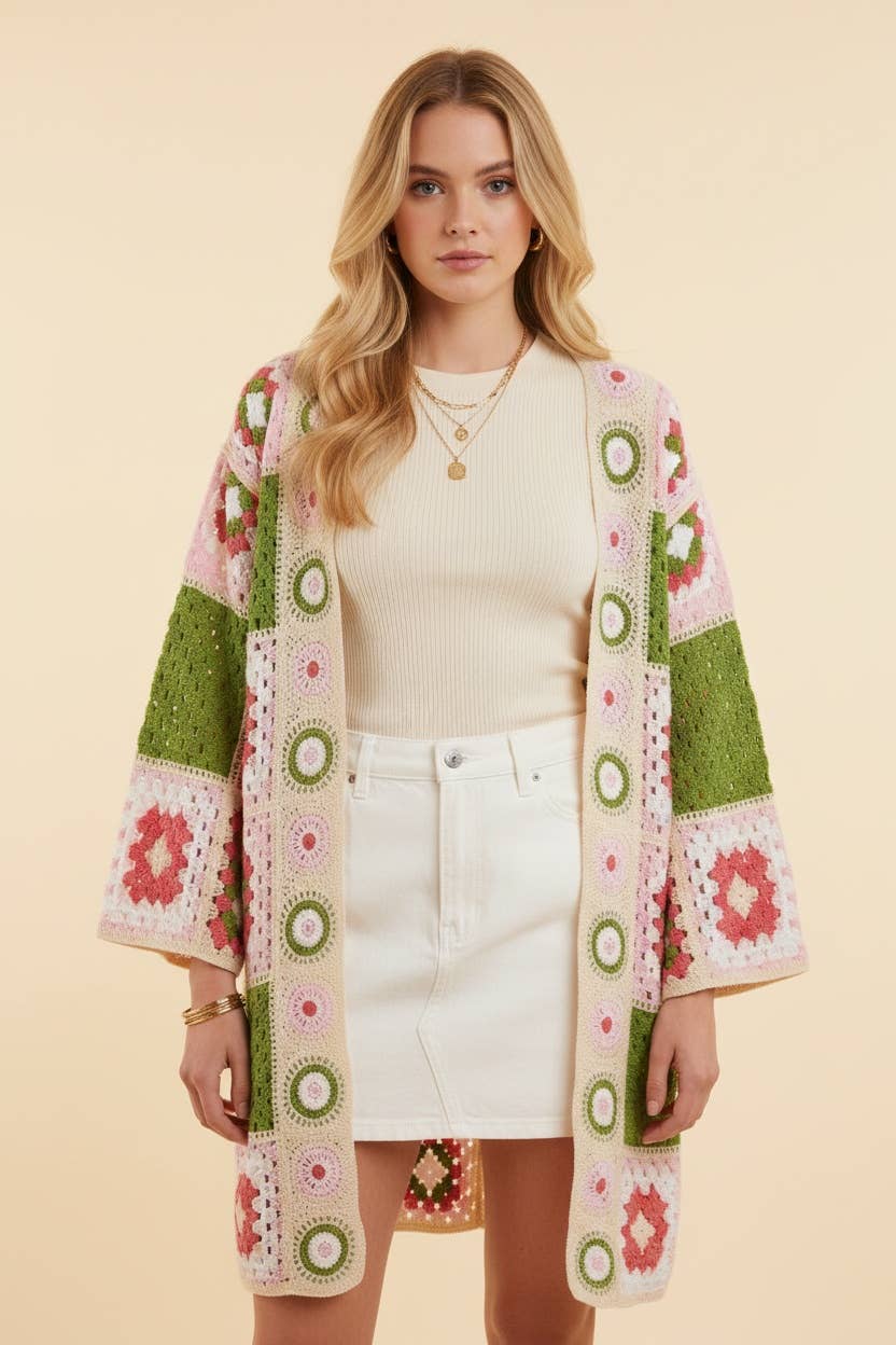 Granny Square Crochet Long Cardigan