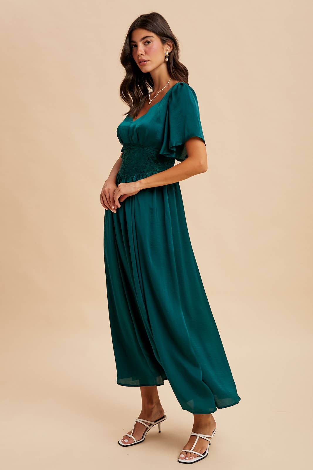 Emerald Satin Lace Maxi Dress
