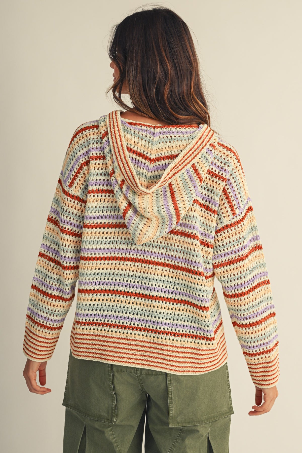 Crochet Stripe Hooded Knit Pullover