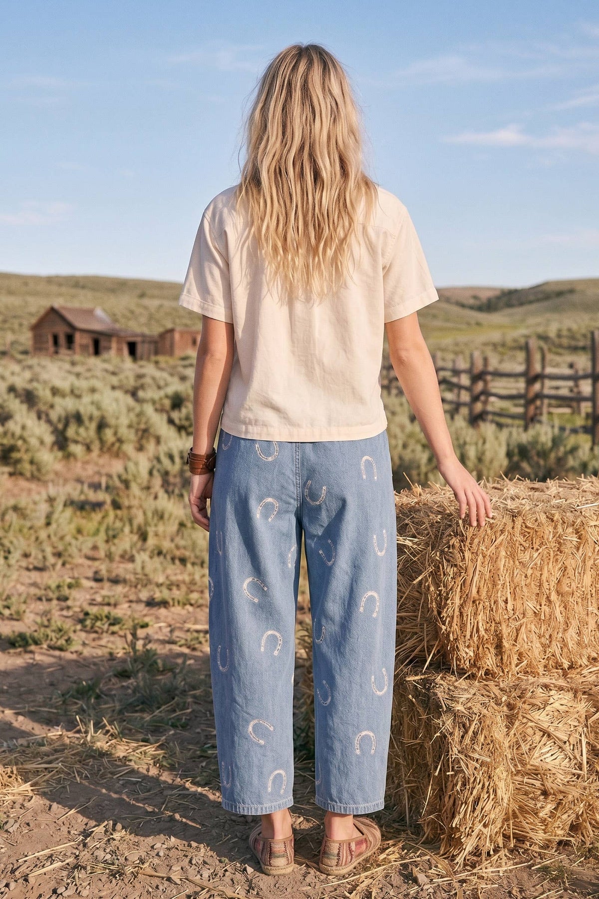 Horseshoe Print Denim Barrel Pants