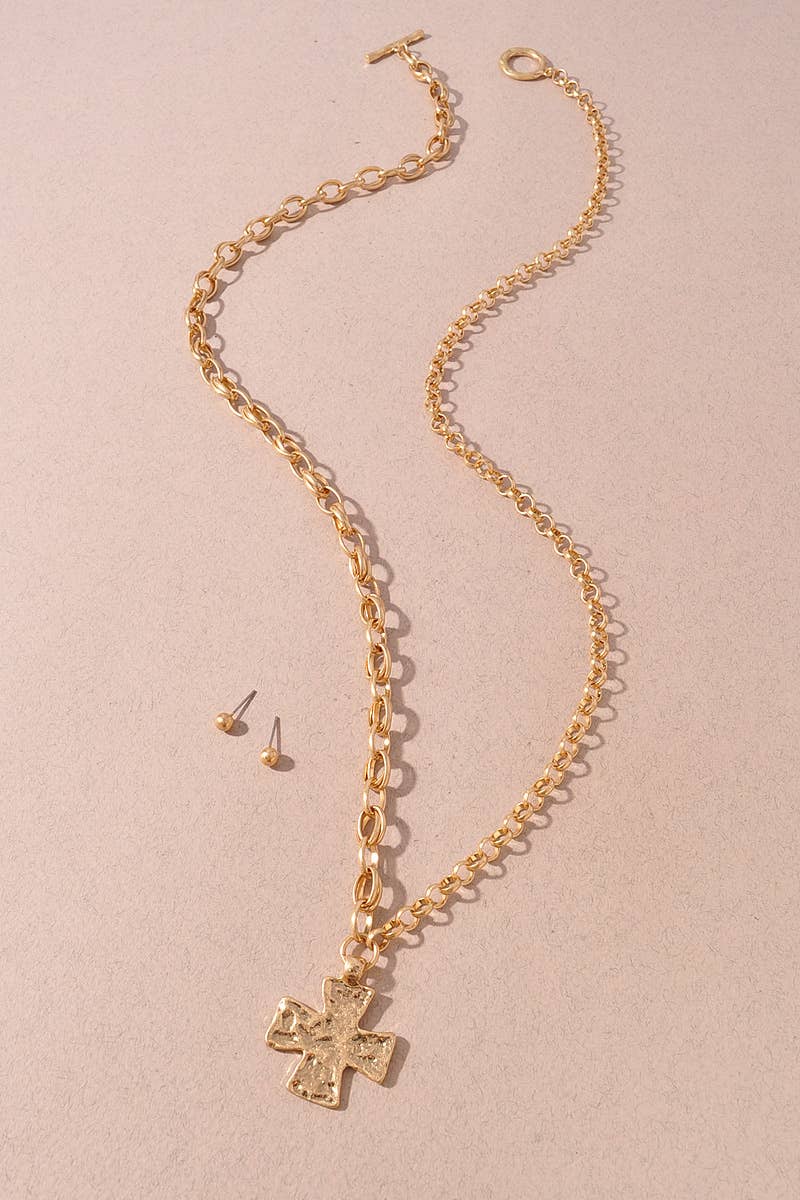 Cross Layered Toggle Long Necklace Earring Set