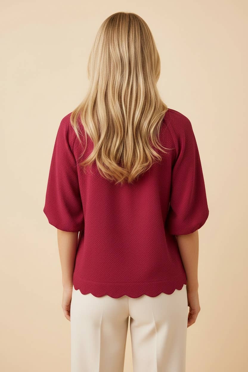 Scalloped Hem Bubble Sleeve Textured Blouse