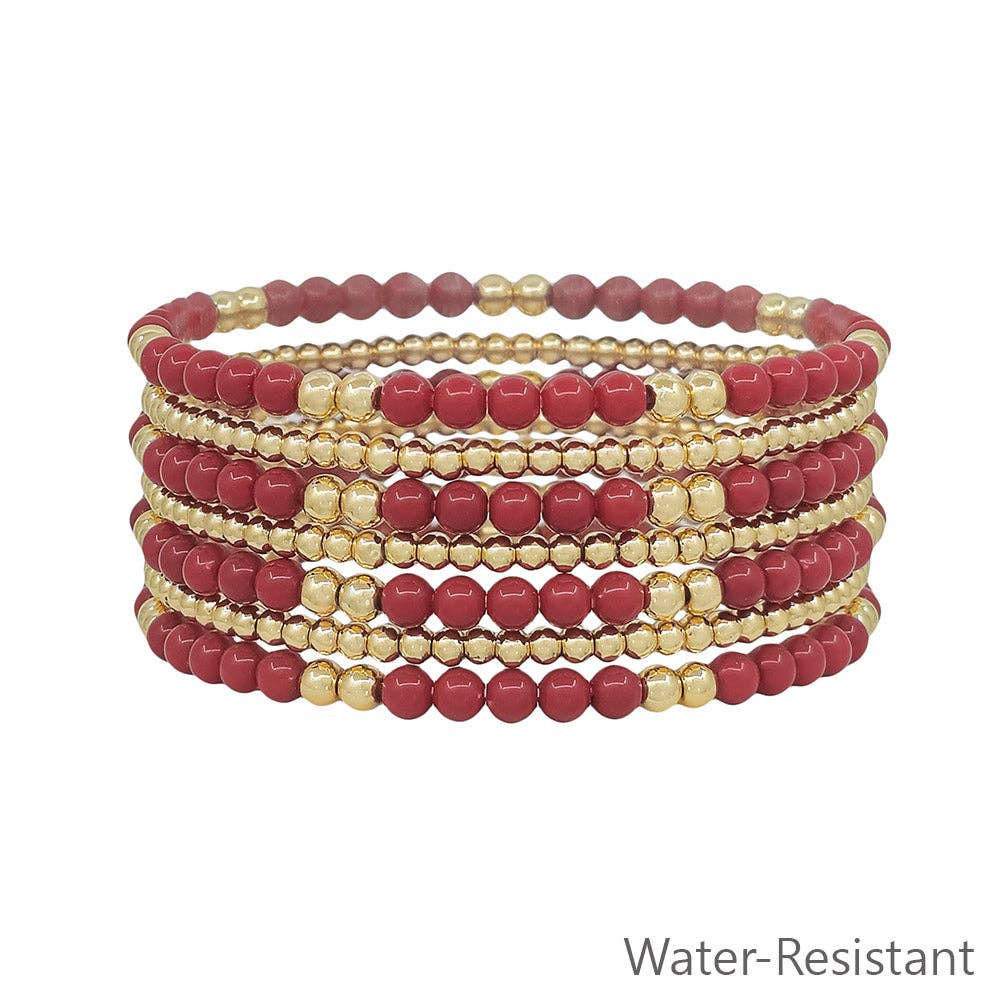 Maroon and Gold Beaded Set of 7 Stretch Bracelets