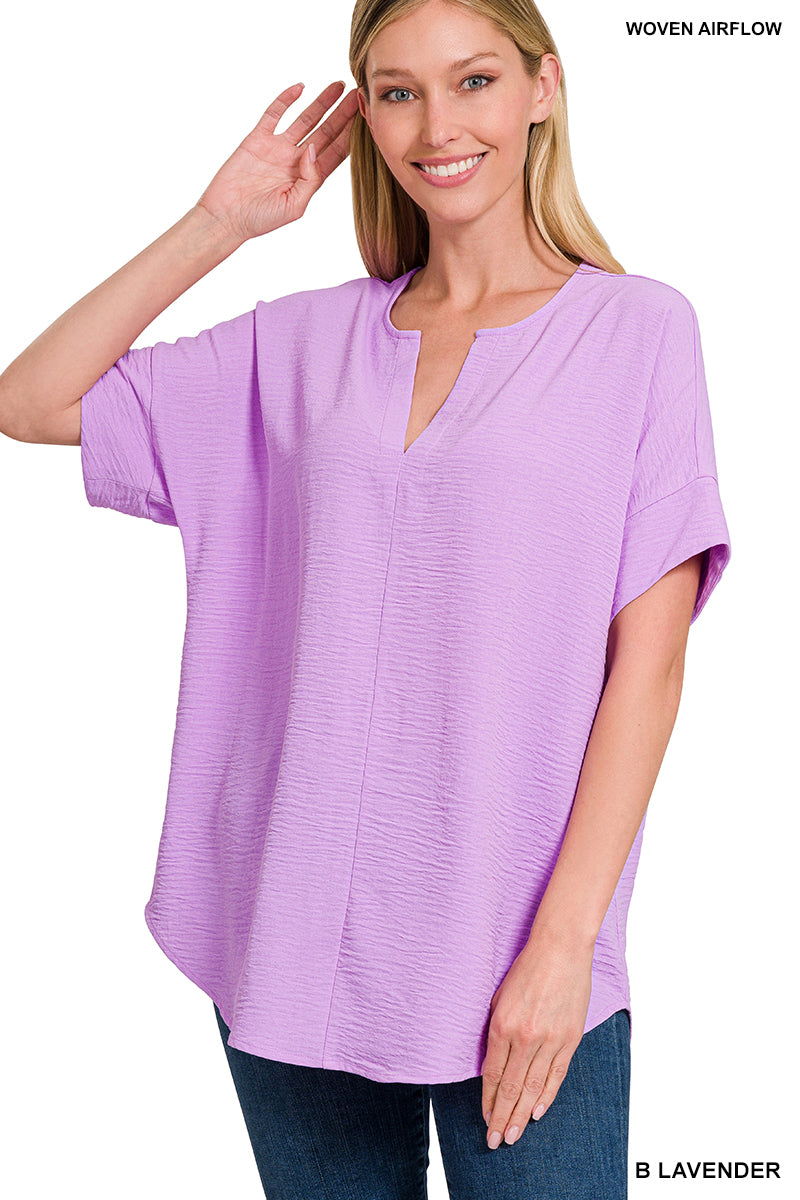 Woven Split Neck Short Sleeve Top