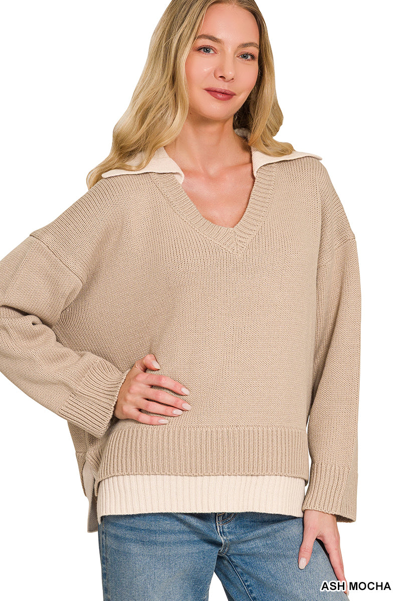 Dual-Look Collared V-Neck Sweater