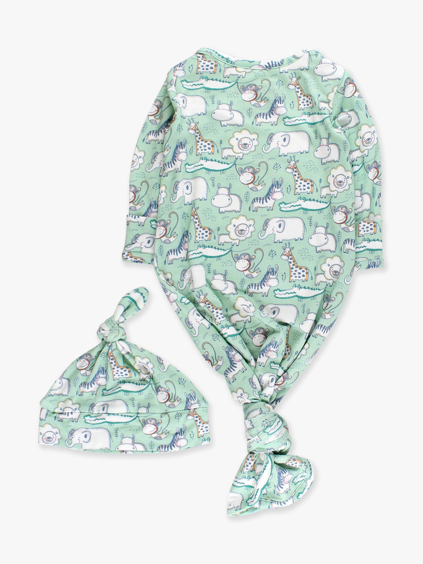 SoftSnooze™ Baby Bamboo Viscose Sage Safari Knotted Sleep Gown & Hat Set