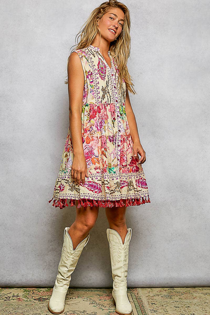 Floral Tassel Beaded Sleeveless Dress