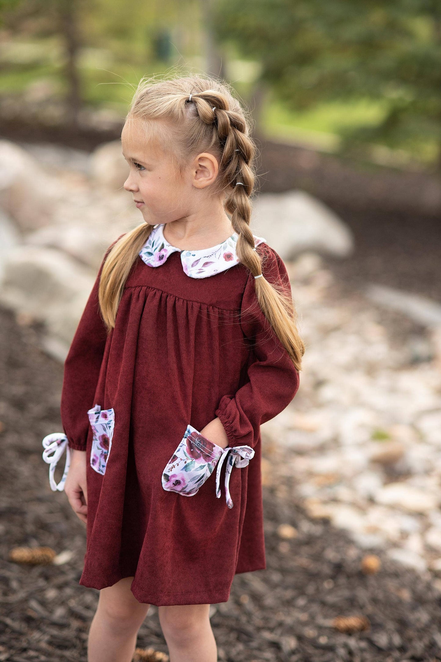 Kids Wine Burgundy Corduroy Pocket Bow Fall Winter Dress