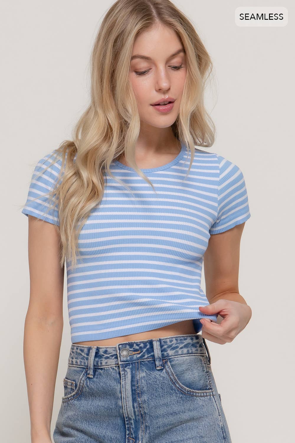 Short Sleeve Crew Neck Stripe Rib Knit Top