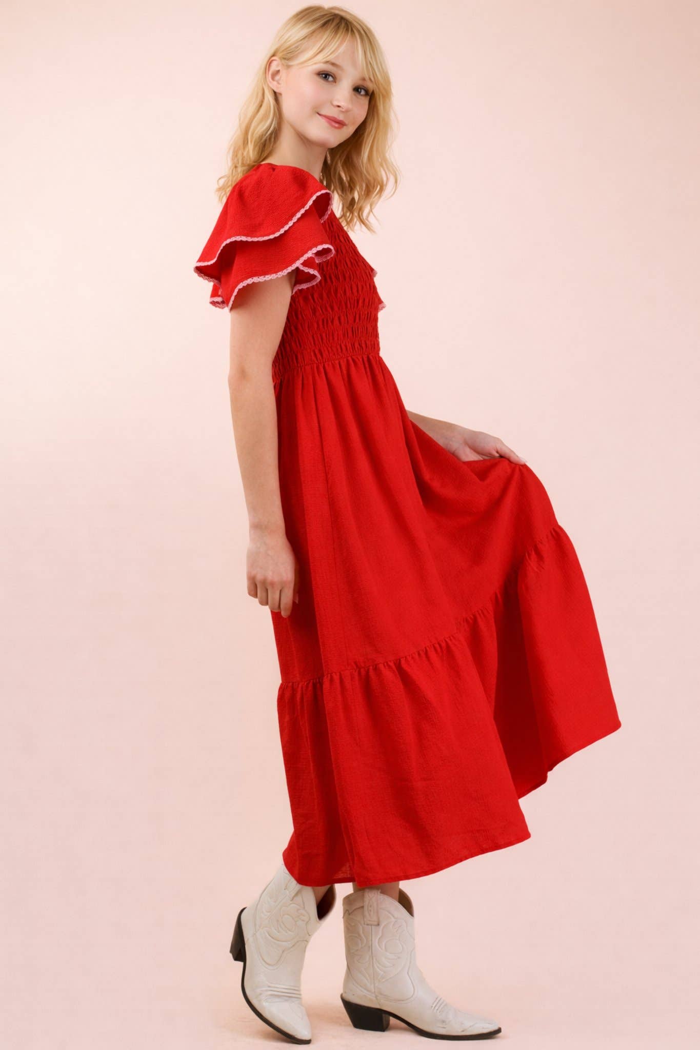 Smocked Ruffle Sleeve Midi Dress