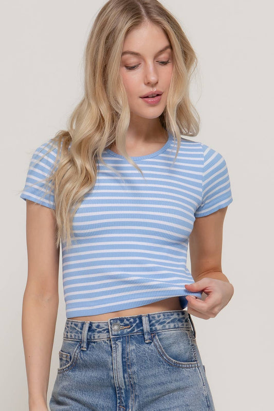 Short Sleeve Crew Neck Stripe Rib Knit Top