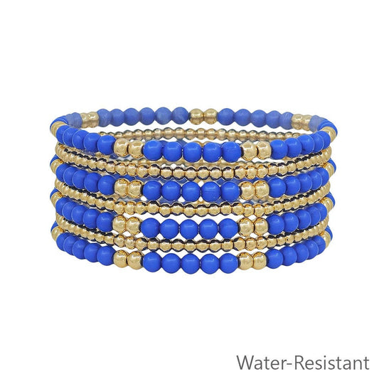 Royal Blue and Gold Beaded Set of 7 Stretch Bracelets