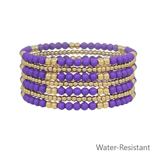 Purple and Gold Beaded Set of 7 Stretch Bracelets