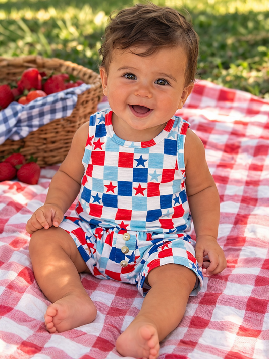 Red, White & Blue Checkerboard / Organic Tank & Short Set