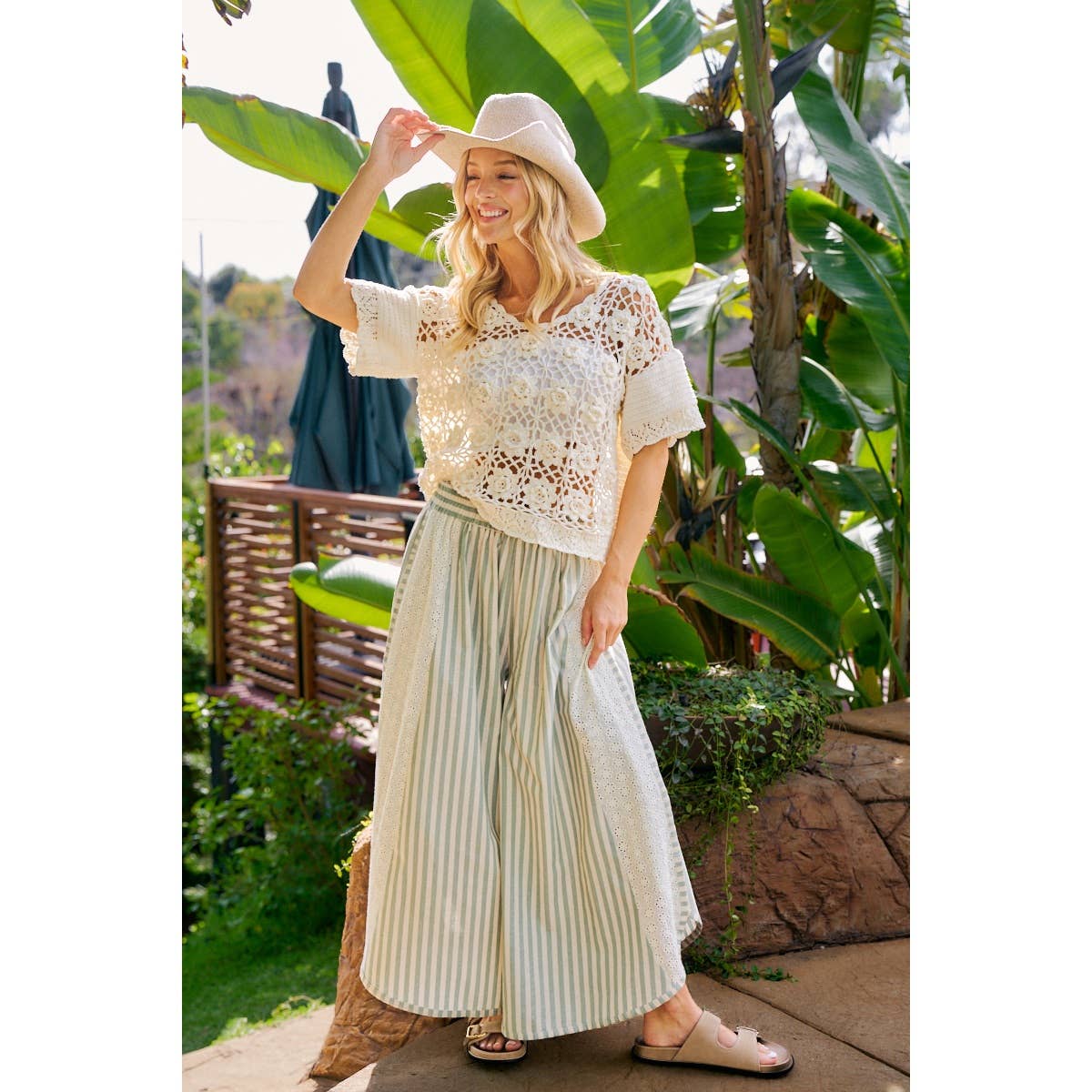 Floral Eyelet Wide Leg Pants