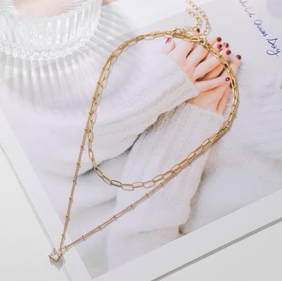 Waterproof Layered Square Zircon Necklace
