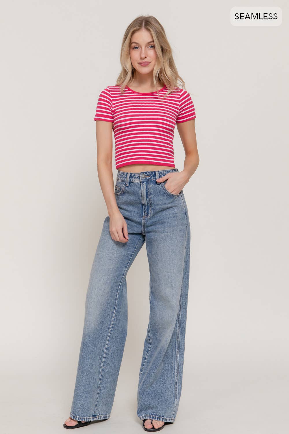 Short Sleeve Crew Neck Stripe Rib Knit Top