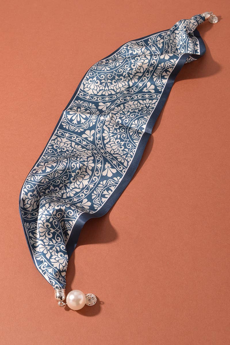 Paisley Print Scarf Necklace with Pearl Accent