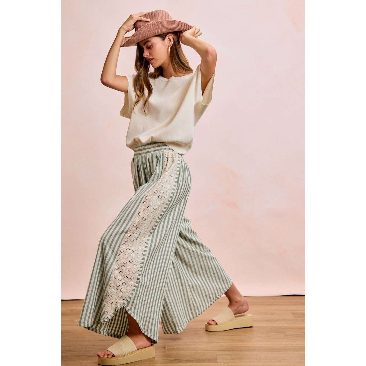 Floral Eyelet Wide Leg Pants