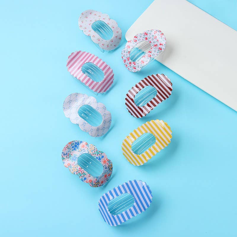 Scalloped Edge Floral and Stripe Flat Hair Claw Clip