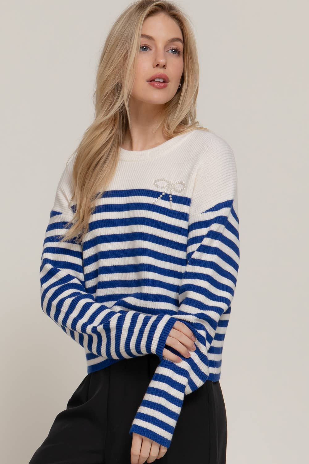 Pearl Bow Striped Sweater