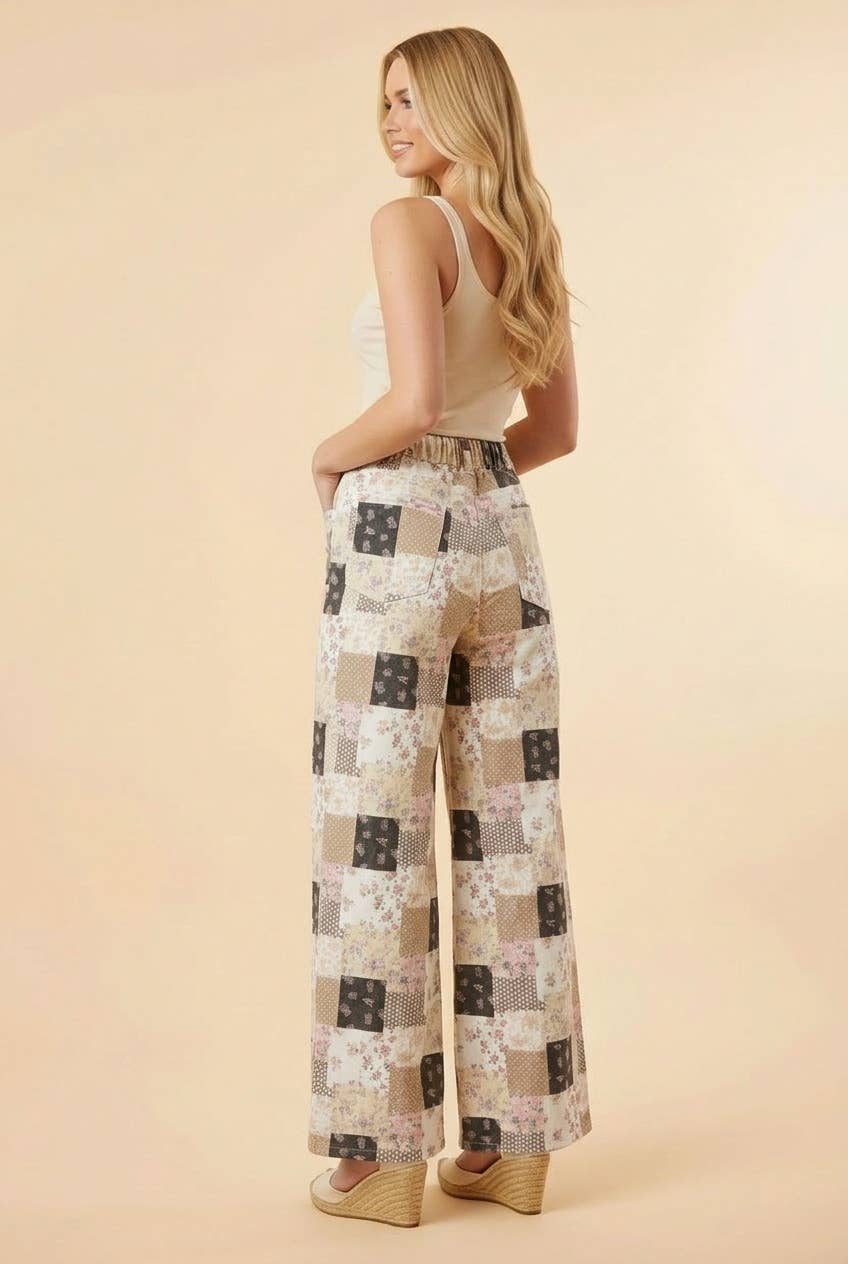 Floral Patchwork Wide Leg Denim Pants