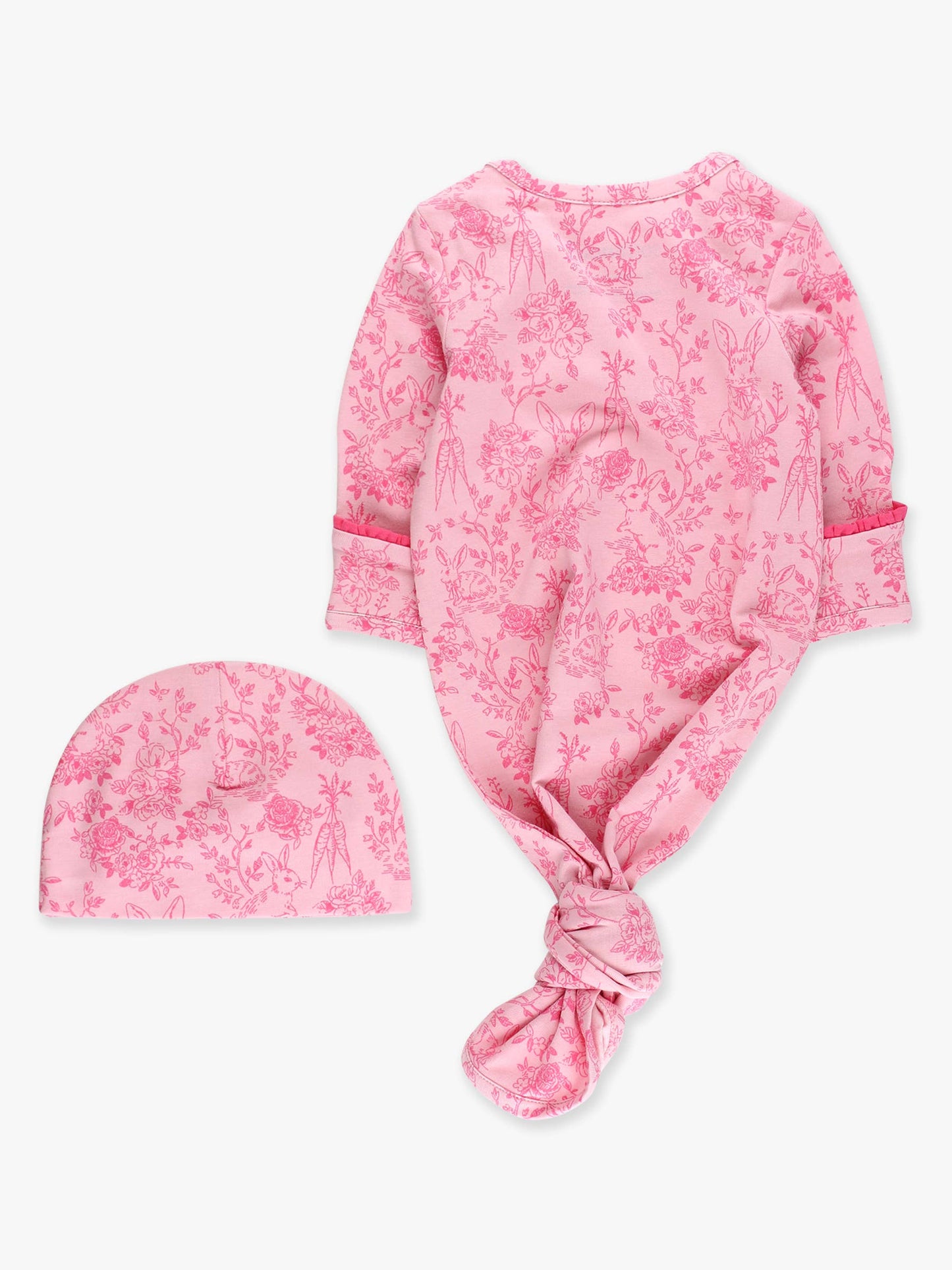 SoftSnooze™ Baby Girls Cotton Modal Pink Cottontail Toile Ruffle Knotted Sleep Gown & Bow Hat Set