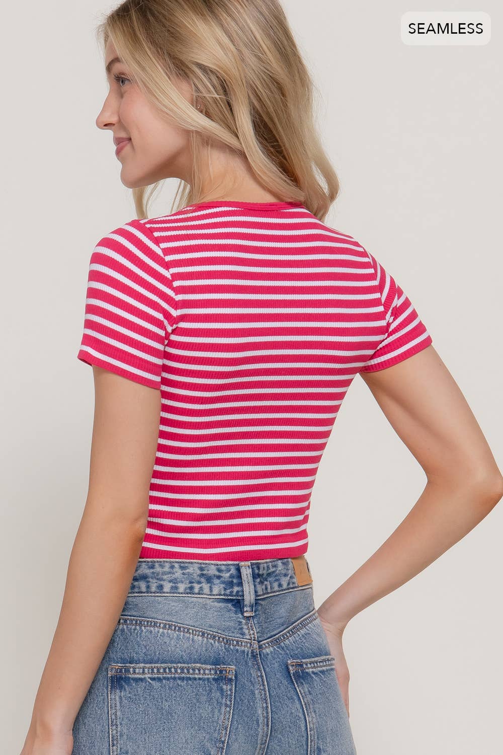Short Sleeve Crew Neck Stripe Rib Knit Top