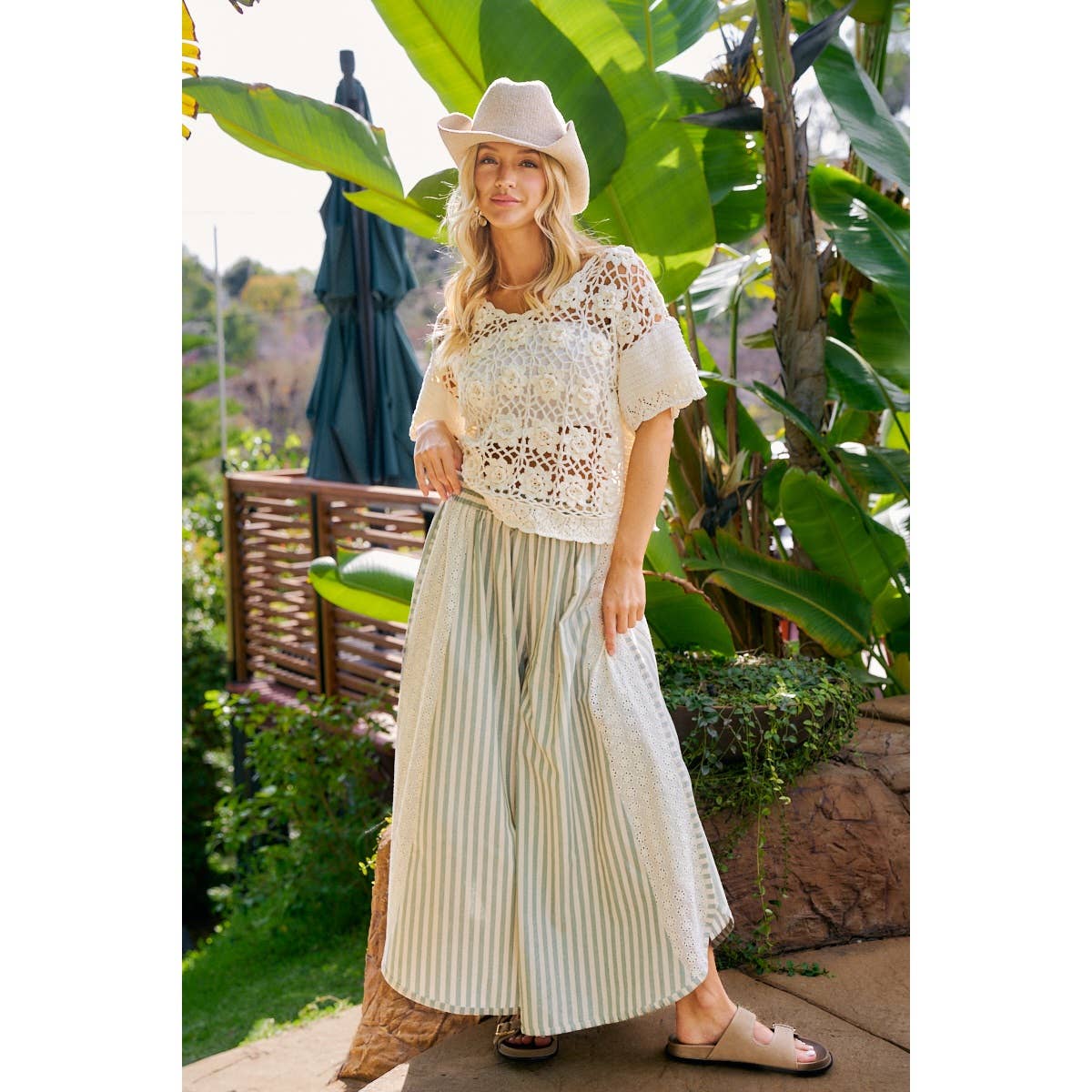 Floral Eyelet Wide Leg Pants