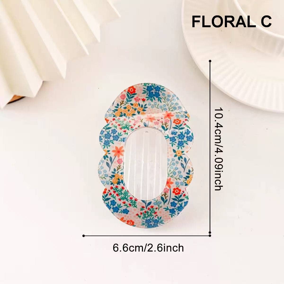 Scalloped Edge Floral and Stripe Flat Hair Claw Clip