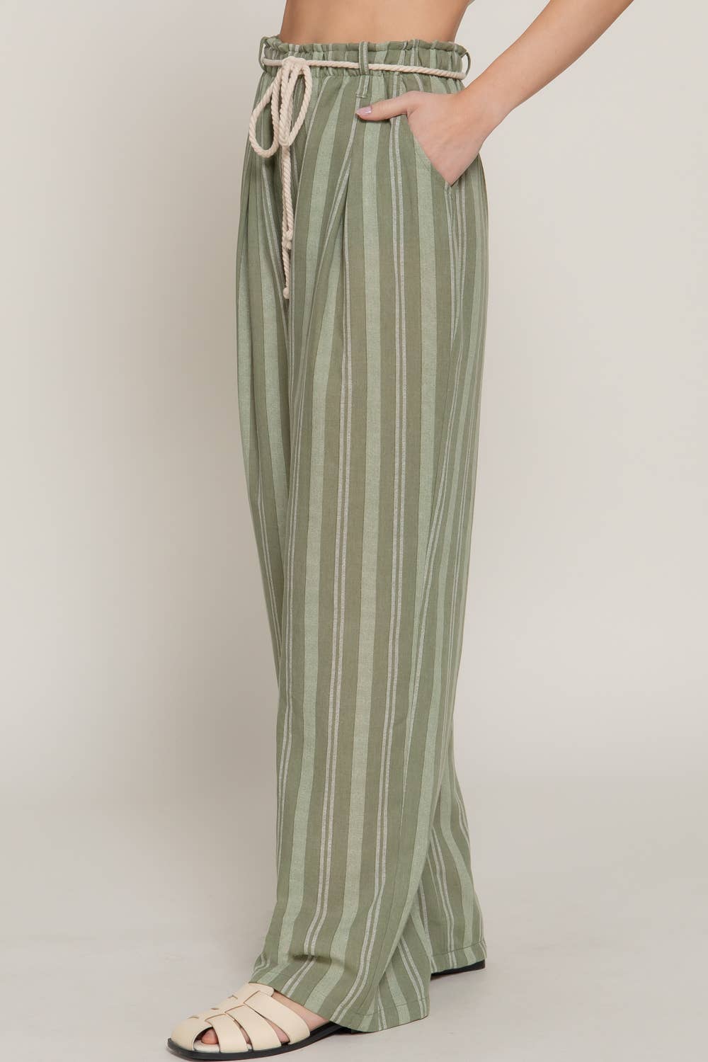 Robe Belt Stripe Print Linen Effect Pants
