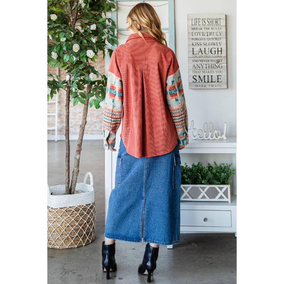 Contrast Pattern Corduroy Shacket