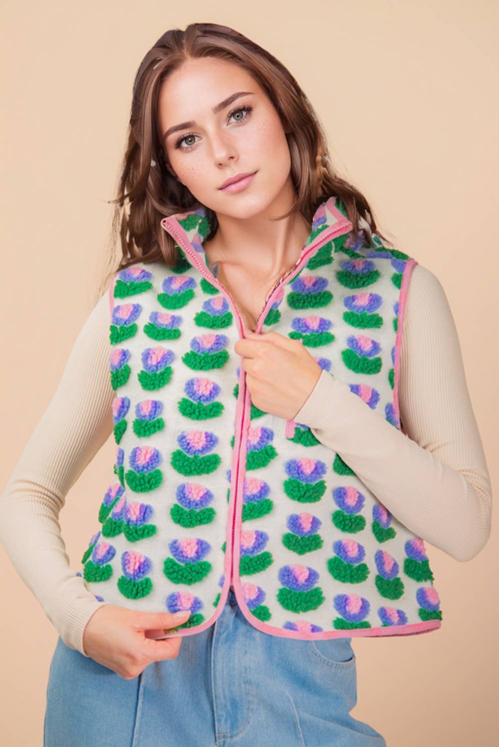 Textured Bow & Floral Printed Vest