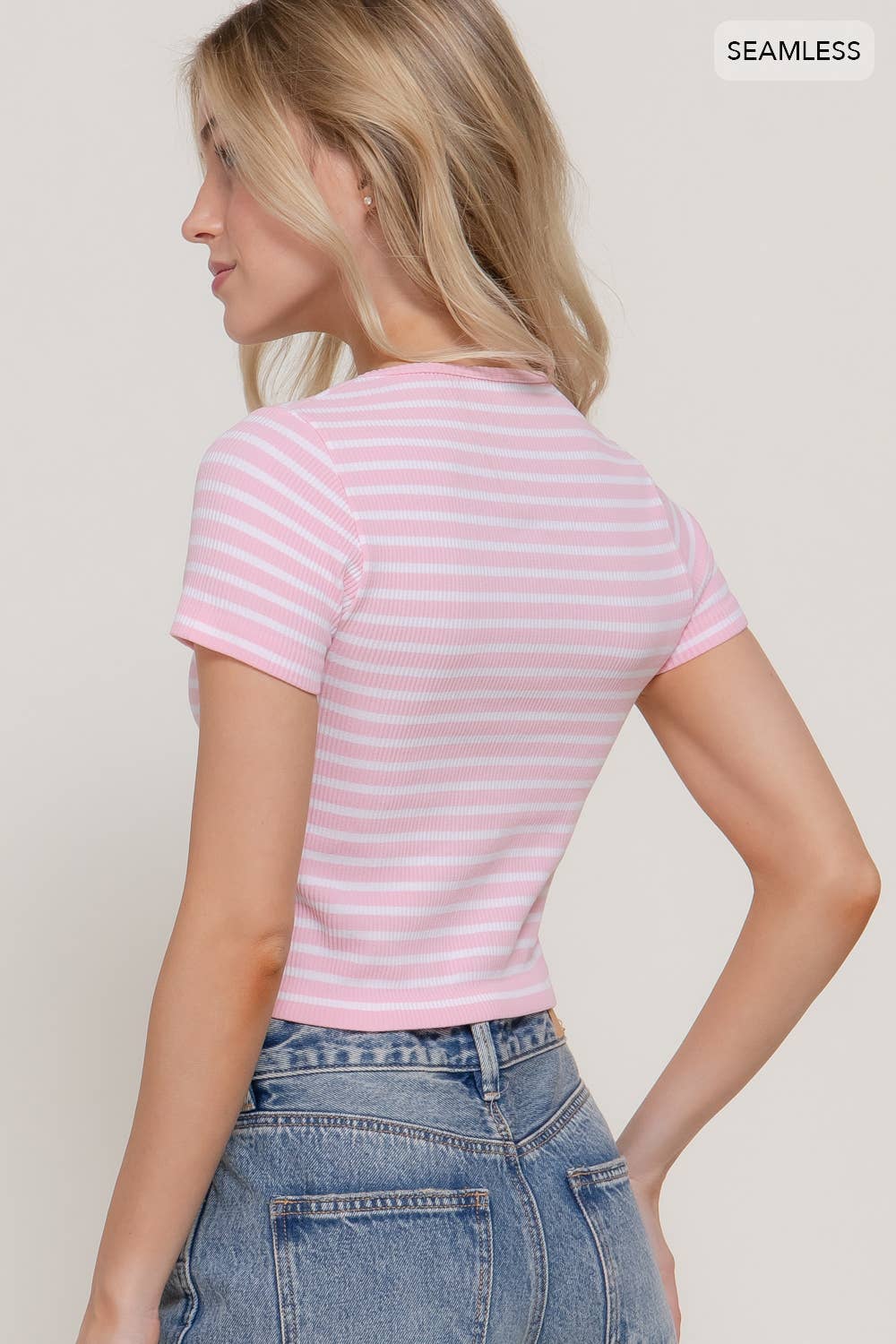 Short Sleeve Crew Neck Stripe Rib Knit Top