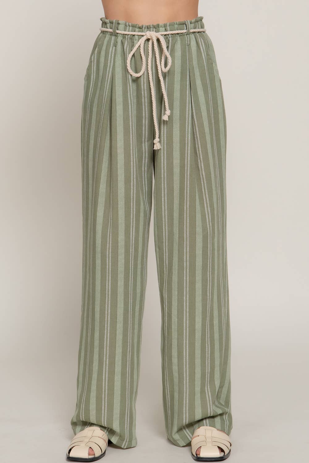 Robe Belt Stripe Print Linen Effect Pants