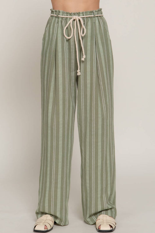 Robe Belt Stripe Print Linen Effect Pants