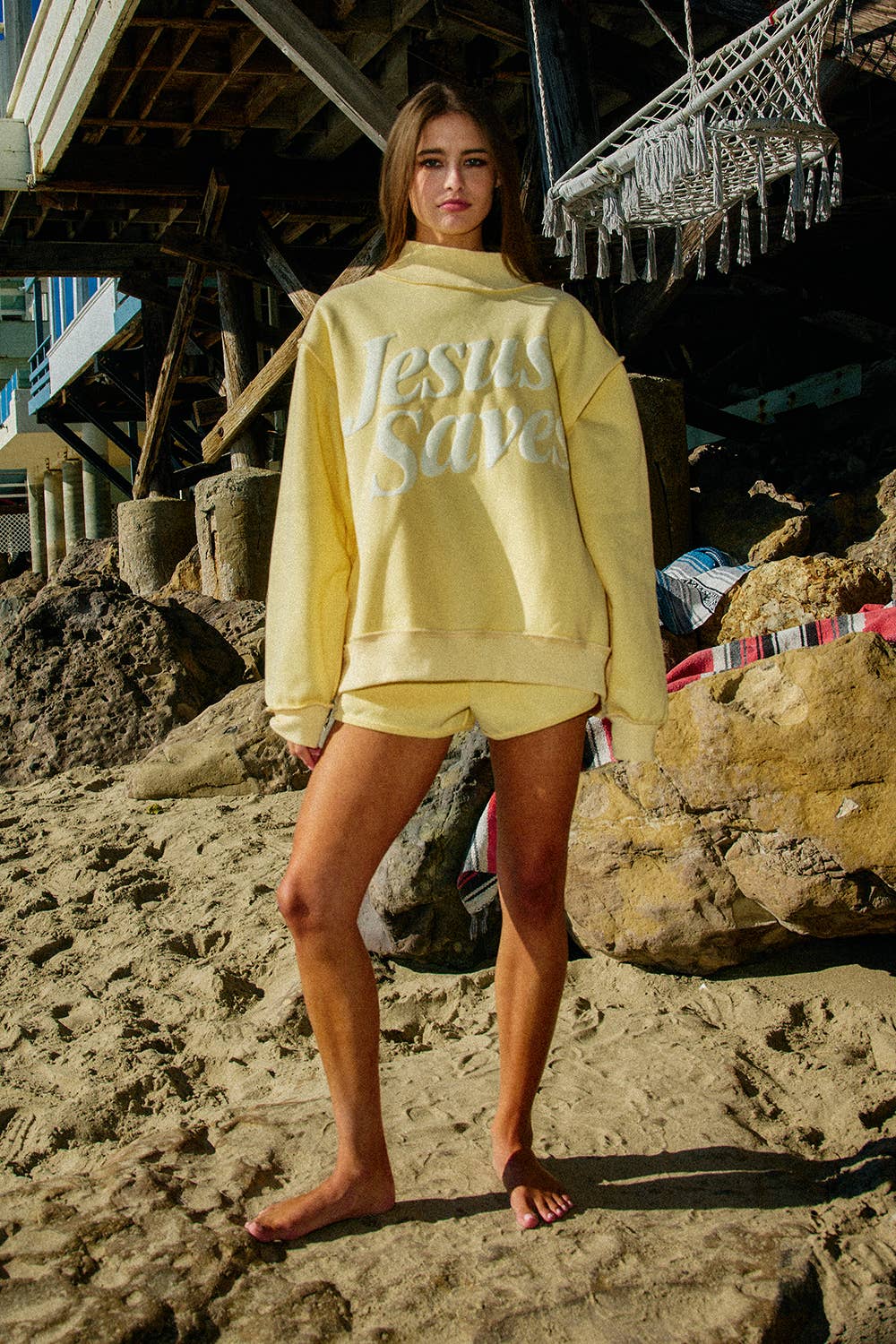 'JESUSSAVES' Print Mock Neck Sweatshirt