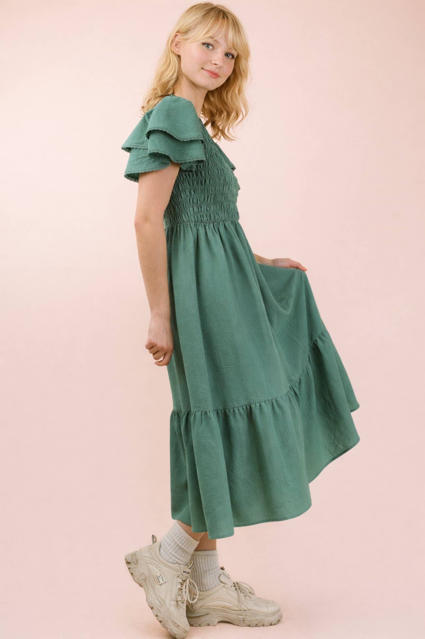 Smocked Ruffle Sleeve Midi Dress