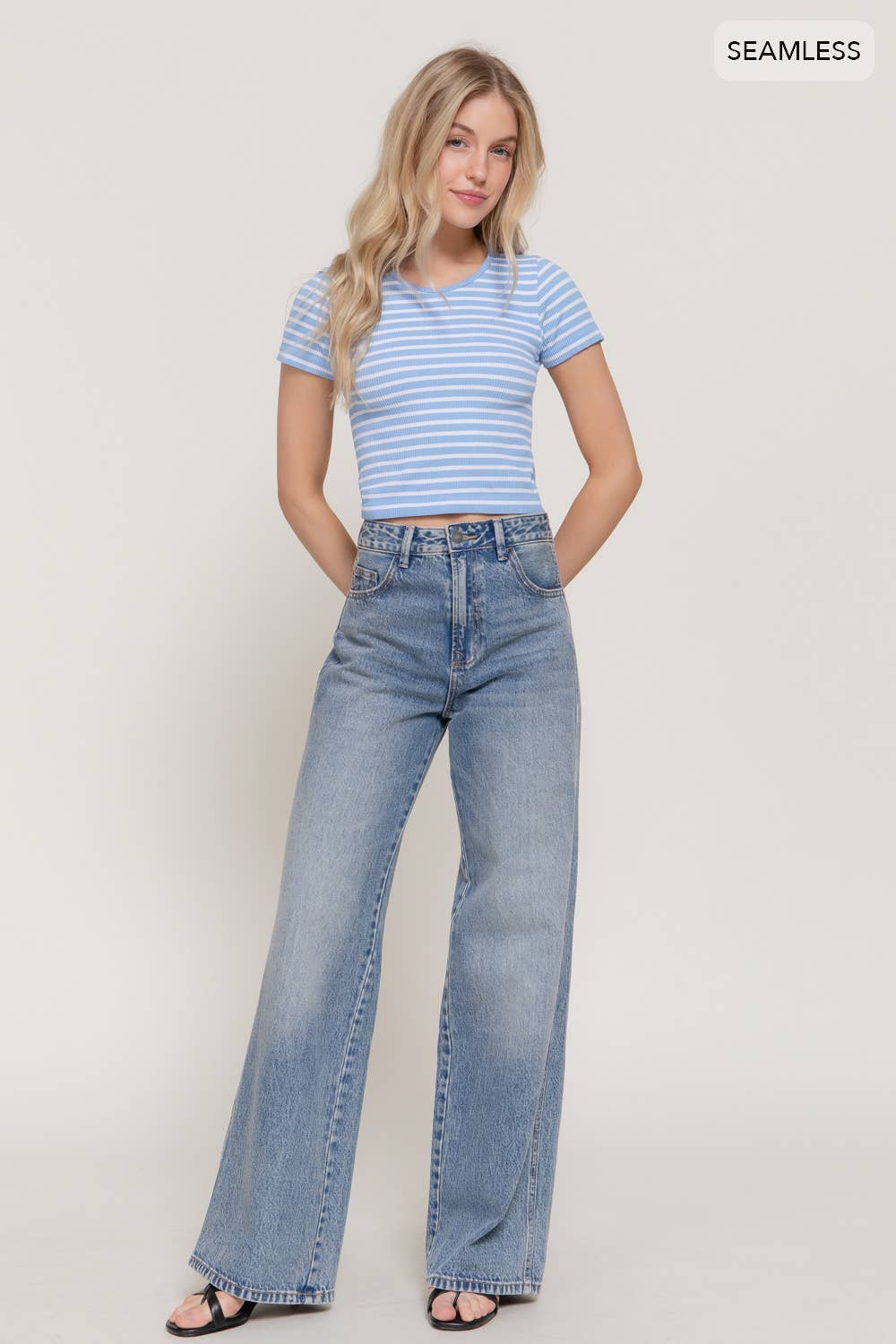 Short Sleeve Crew Neck Stripe Rib Knit Top