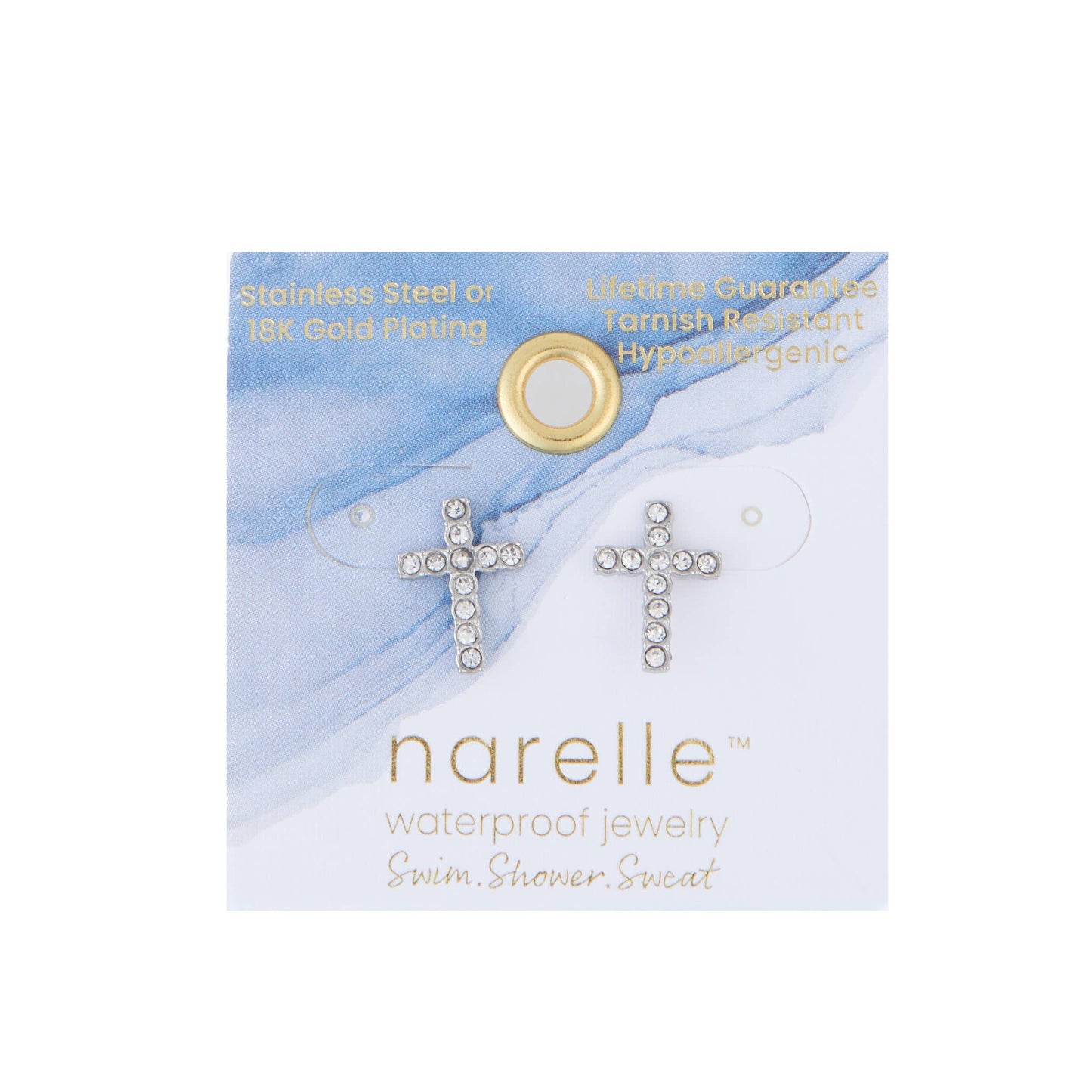Waterproof Earrings Pave Cross Stud Gold & Steel Narelle