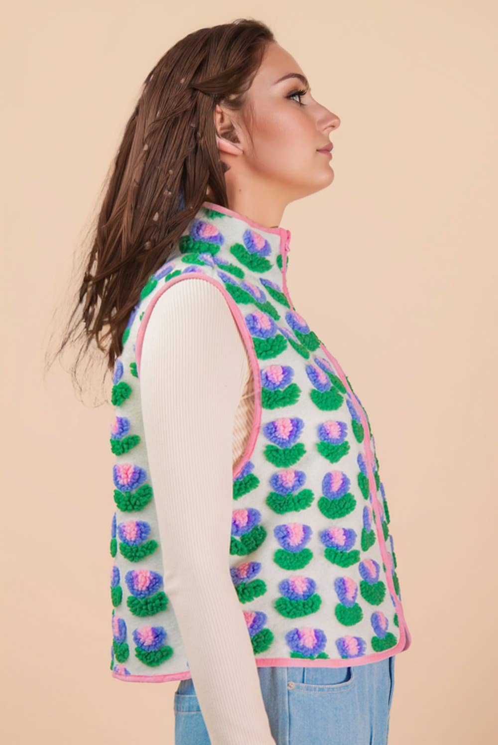 Textured Bow & Floral Printed Vest