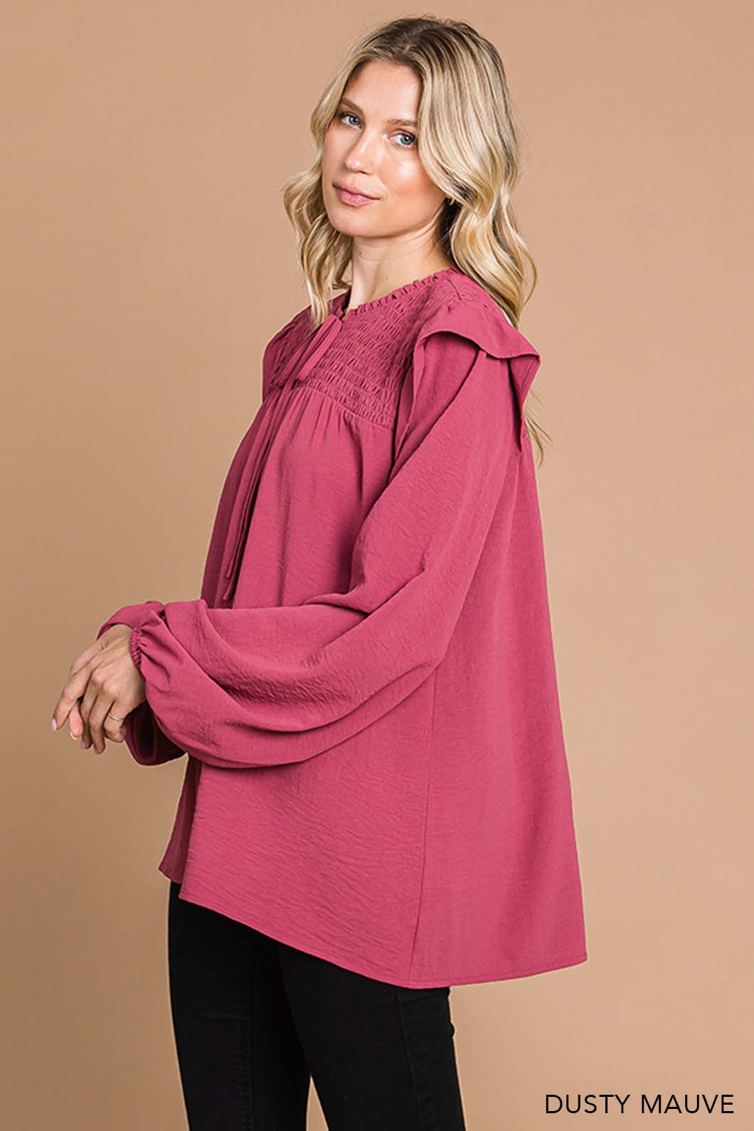 Smocking Detailed Ruffle Shoulder Top