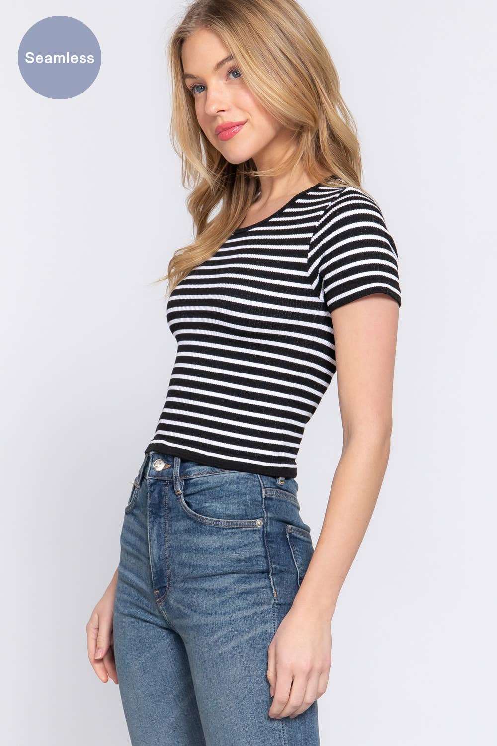 Short Sleeve Crew Neck Stripe Rib Knit Top
