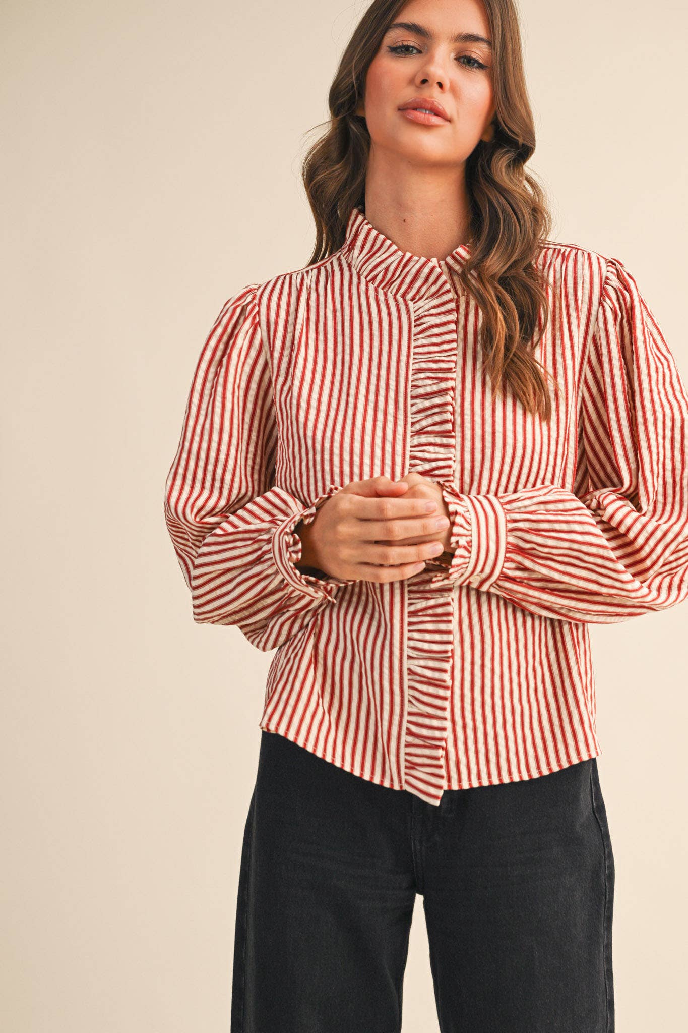Ruffle Striped Long Sleeve Top