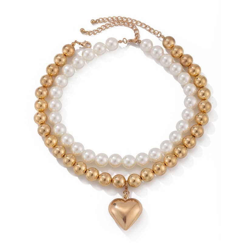 Pearl Heart Charm Beaded Necklace