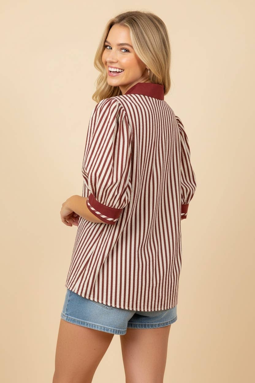 Contrast Trim Stripe Puff Sleeve Blouse
