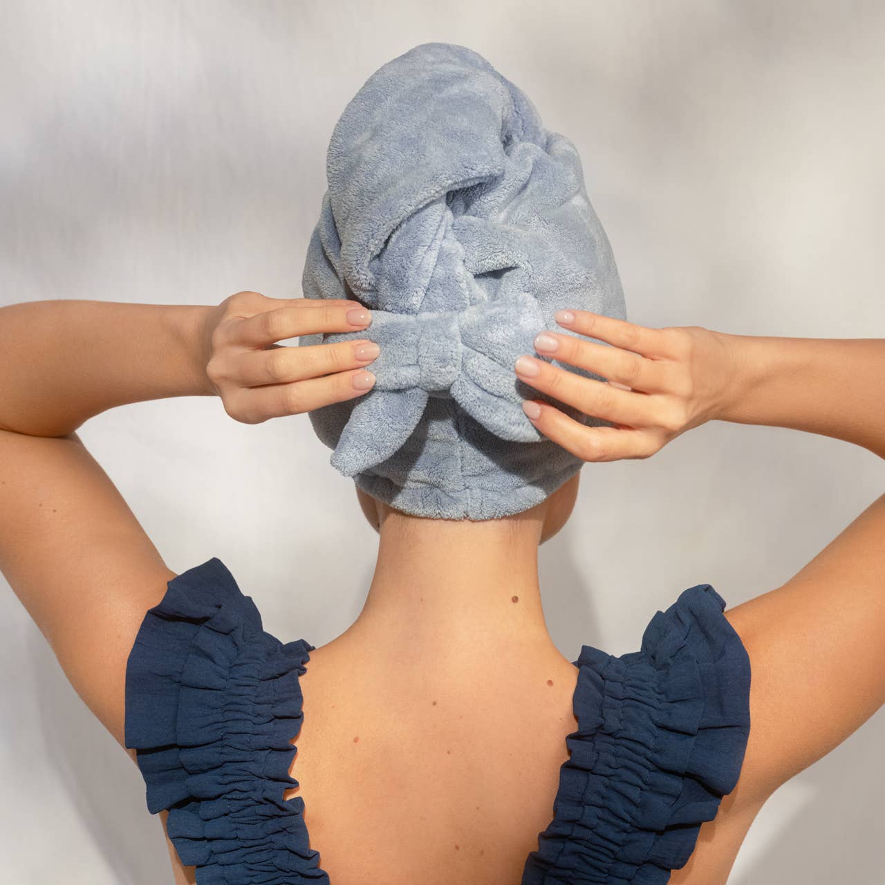 Plush Microfiber Hair Towel Turban with Bow - Coastal Blue
