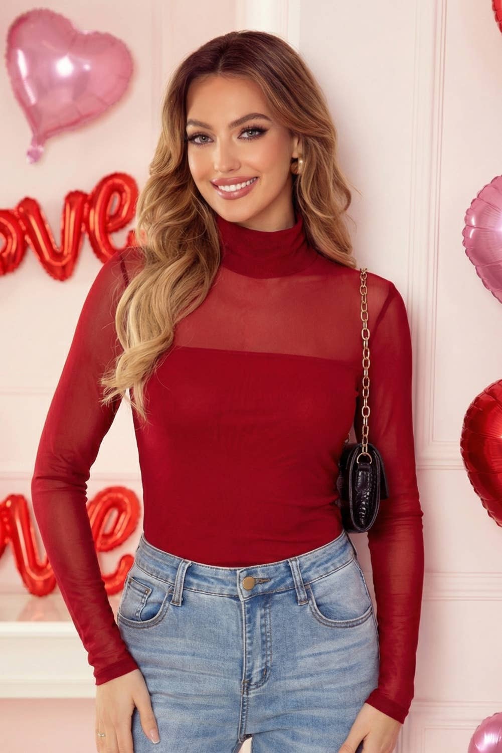 Sheer Mesh Mock Neck Long Sleeve Top