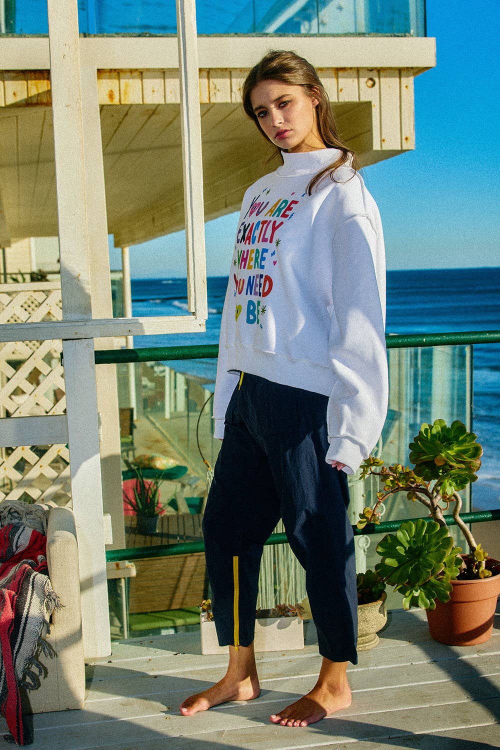 You Are Exactly Where You Need To Be/Life Is Good Reversible Graphic Mock-Neck Crop Sweatshirt