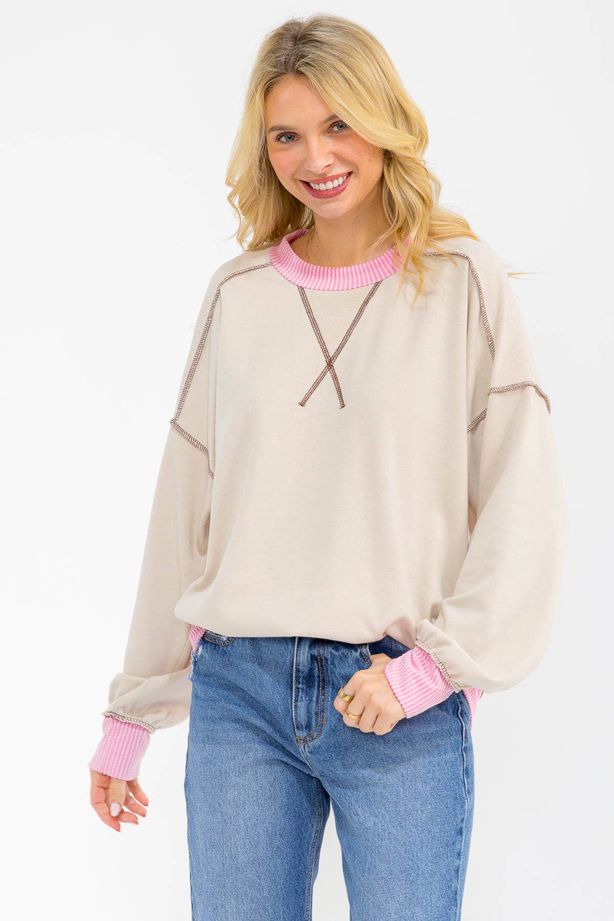 Contrast Trim Exposed Seam Sweatshirt